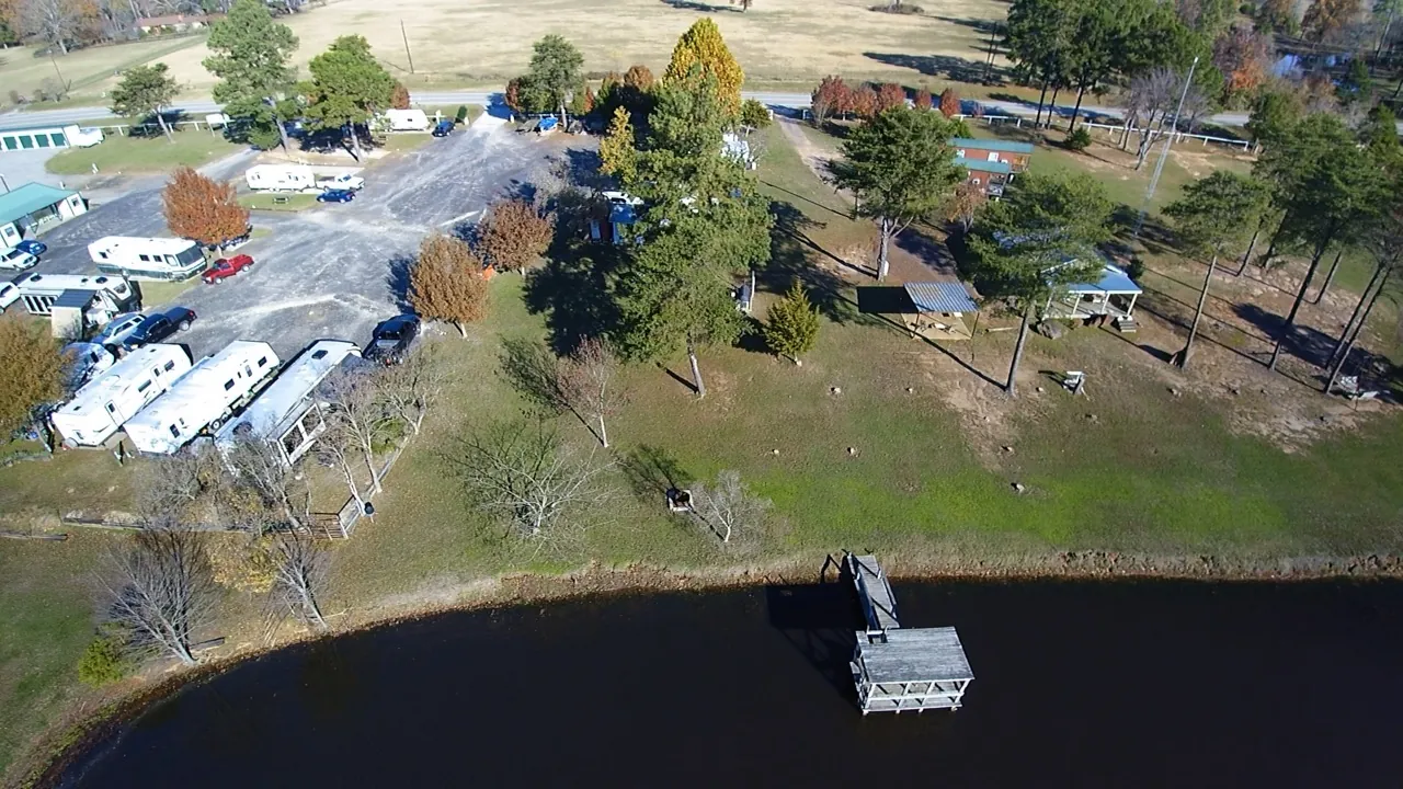 Aerial view of the RV sites beside the lake in autumn